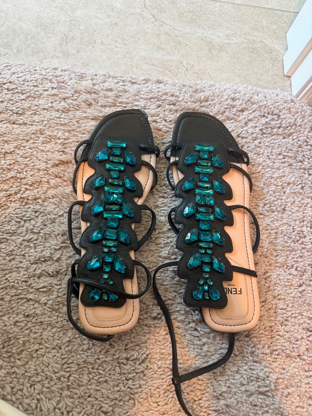 Fendi Black Leather Lace-Up Sandals with Teal Gem Accents